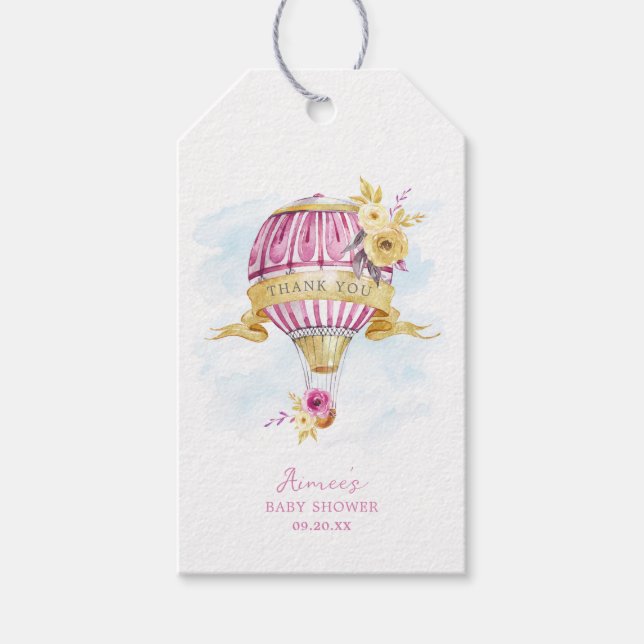 Personalisiert Pink Hot Air Ballon Babydusche Geschenkanhänger (Vorderseite)