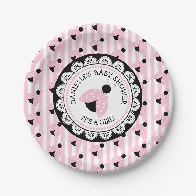 Personalisiert Pink Ladybug Baby Duschpapier Telle Pappteller (Vorderseite)
