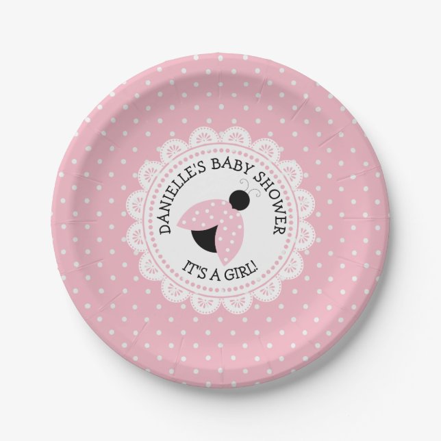 Personalisiert Pink Ladybug Baby Duschpapier Telle Pappteller (Vorderseite)