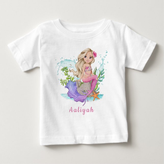 Personalisiert Pink Little Blond Mermaid Baby T-shirt (Vorderseite)