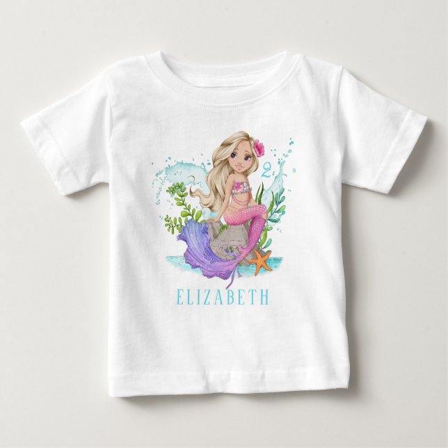 Personalisiert Pink Little Blonde Mermaid Baby T-shirt (Vorderseite)