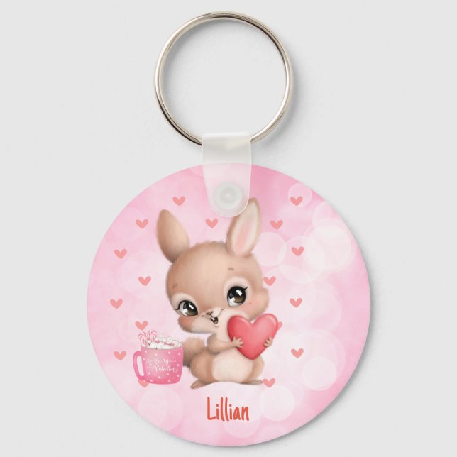 Personalisiert Pink Niedlich Bunny Rabbit Liebe Schlüsselanhänger (Vorderseite)