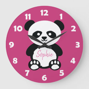 Personalisiert Pink Niedlich Panda Bär Kids Kawaii Große Wanduhr
