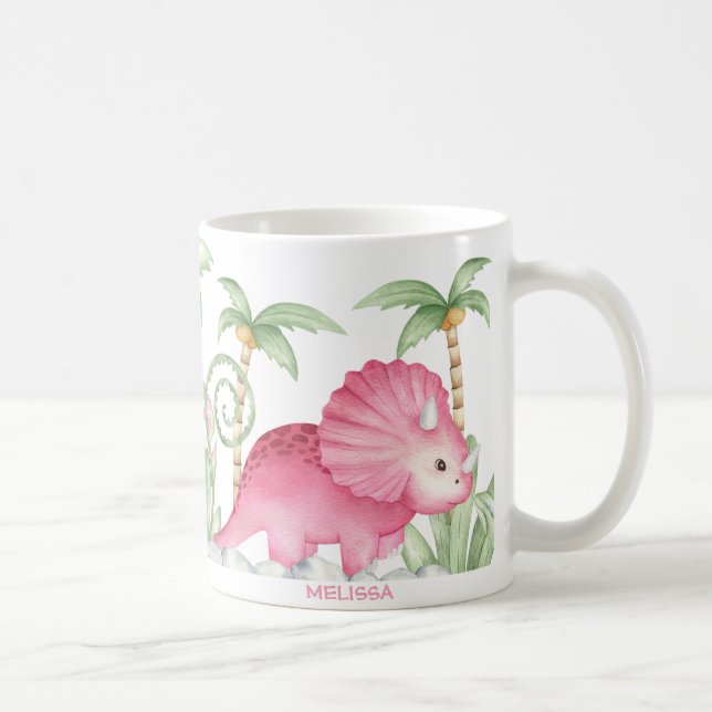 Personalisiert Pink Niedlich Triceratops Dinosauri Kaffeetasse (Rechts)