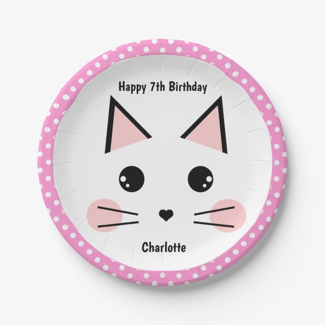 Personalisiert Pink Polka Dot Kitty Cat Pappteller (Vorderseite)