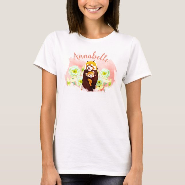 Personalisiert Pink Red Panda Mama Baby T - Shirt (Vorderseite)