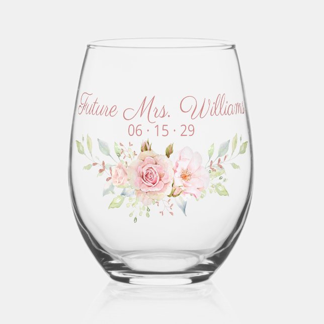 Personalisiert Pink Roses Bridal Trinkbehälter Set Weinglas Ohne Stiel (Vorderseite)