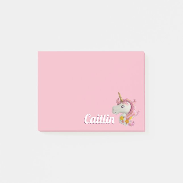 Personalisiert Pink Unicorn Balloon Girls Sticky Post-it Klebezettel (Vorderseite)