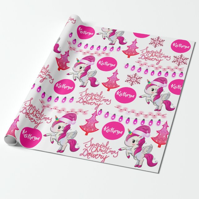 Personalisiert Pink Unicorns Weihnachten Geschenkpapier (Ungerollt)