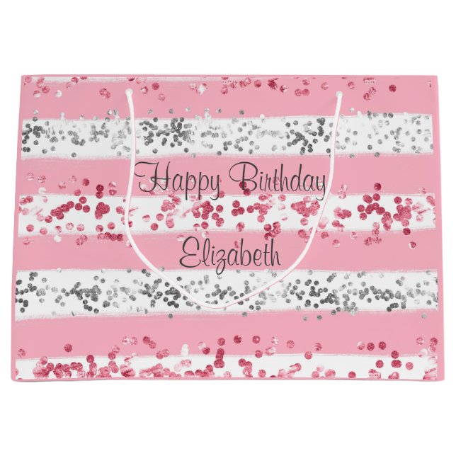 Personalisiert Pink White Gray Silver Glitzer Große Geschenktüte (Vorderseite)