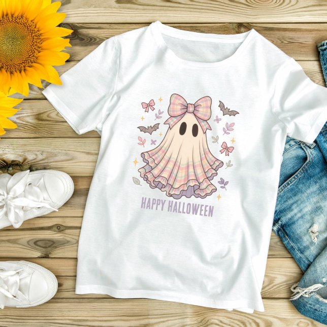 Personalisiert Preppy Ghost Bow Coquette Halloween T-Shirt (Pastel Plaid Preppy Ghost Coquette Bow Halloween T-shirt for her)