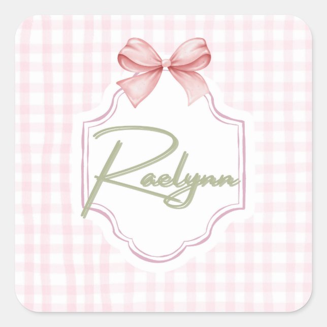Personalisiert Raelynn Baby Girl Kinderzimmer Bow& Quadratischer Aufkleber (Vorderseite)