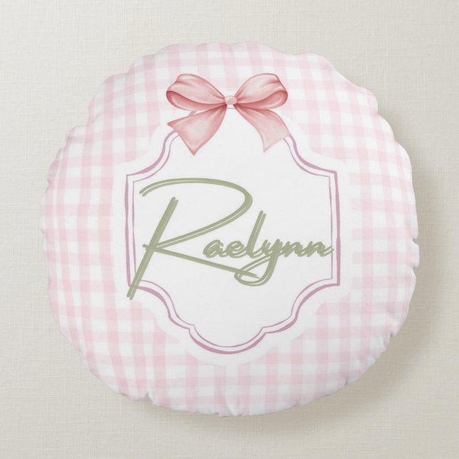 Personalisiert Raelynn Baby Girl Kinderzimmer Bow& Rundes Kissen (Vorderseite)