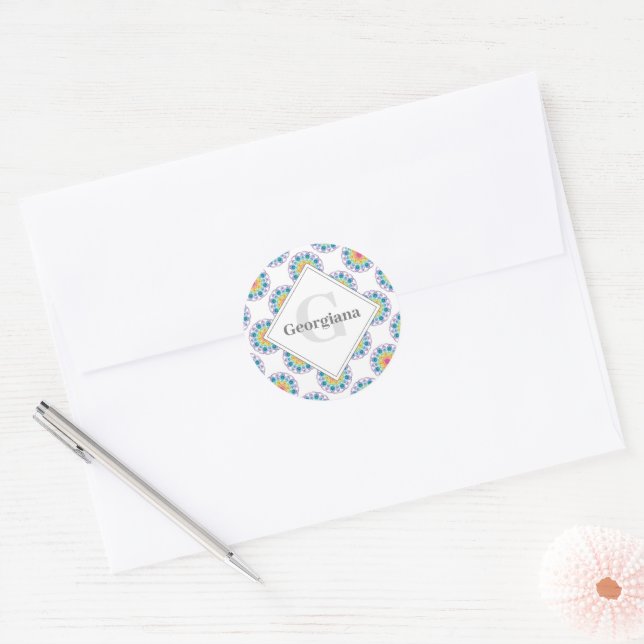 Personalisiert Rainbow Floral Polka Dots Mandala Runder Aufkleber (Umschlag)