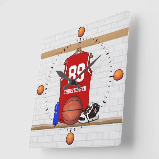 Personalisiert Red and White Basketball Jersey Quadratische Wanduhr