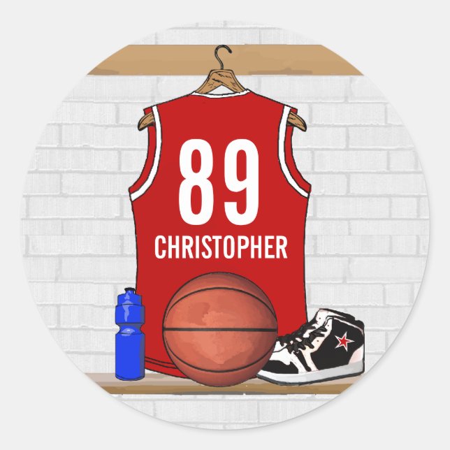 Personalisiert Red and White Basketball Jersey Runder Aufkleber (Vorderseite)