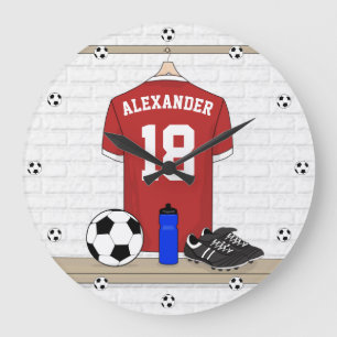 Personalisiert Red and White Football Soccer Jerse Große Wanduhr