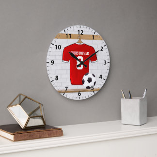 Personalisiert Red and White Football Soccer Jerse Große Wanduhr