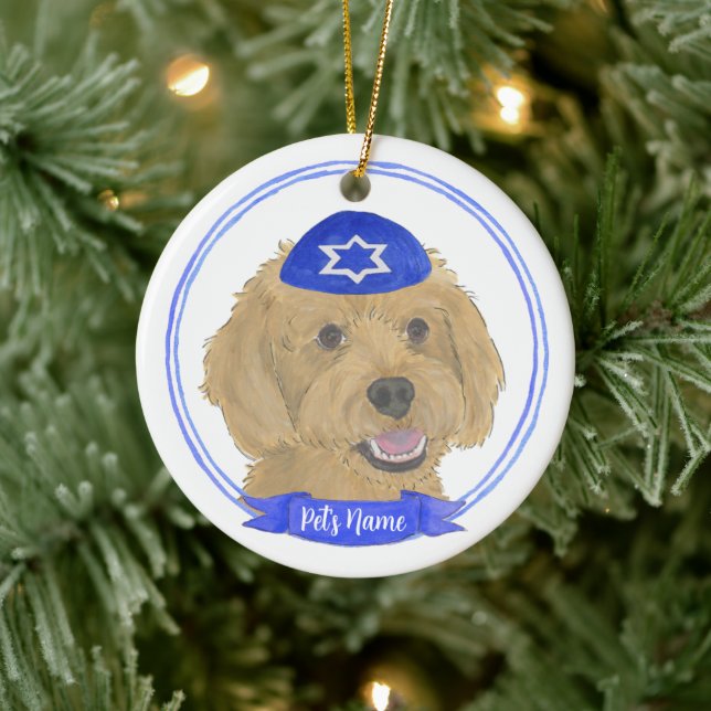 Personalisiert Red Apricot Gold Doodle Dog Hanukka Keramik Ornament (Baum)