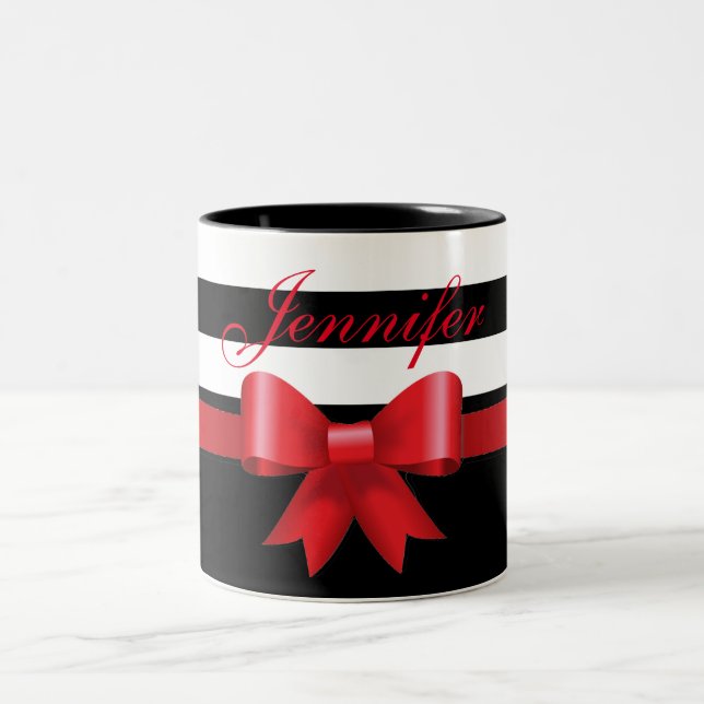 Personalisiert Red Black Bold Stripes red BOW Zweifarbige Tasse (Mittel)