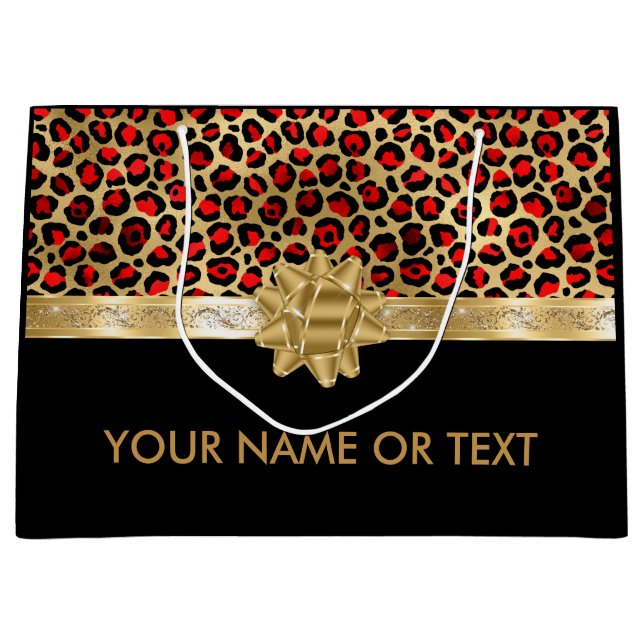 Personalisiert Red Black Leopard Golden BOW Große Geschenktüte (Vorderseite)