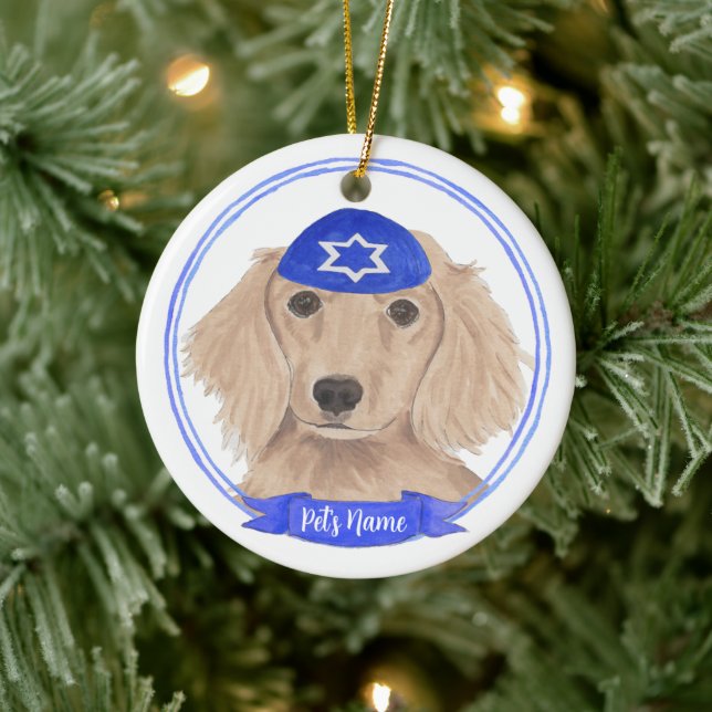 Personalisiert Red English Dackel Dog Hanukkah Keramik Ornament (Baum)