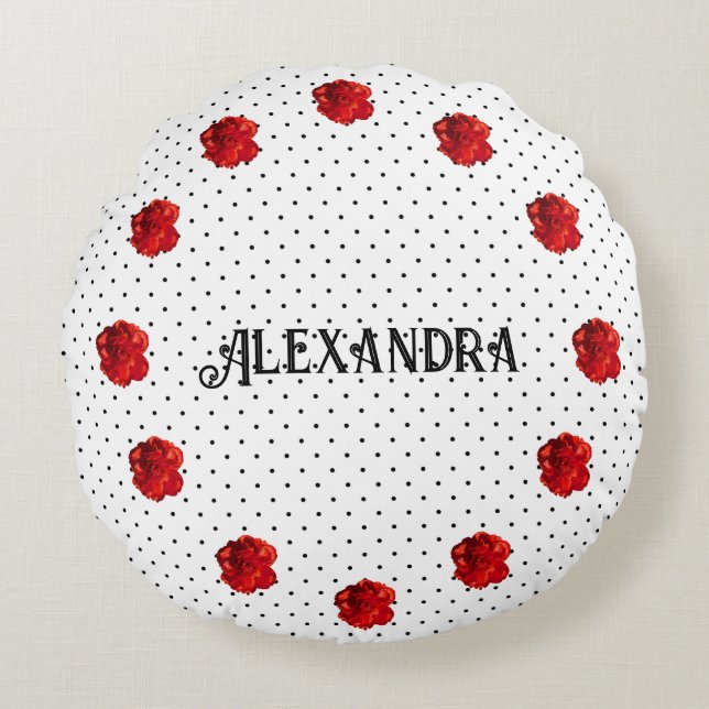 Personalisiert Red Floral Polka Dot Rundes Kissen (Vorderseite)