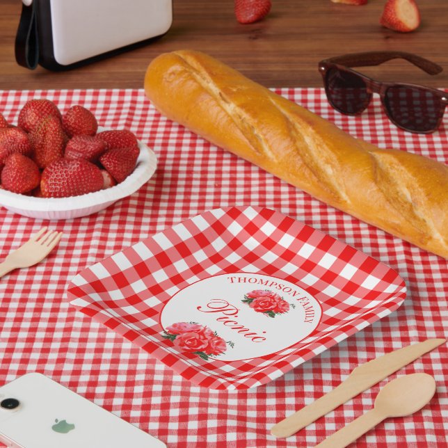 Personalisiert Red Gingham Buffalo Picnic Square Pappteller (Picknick)