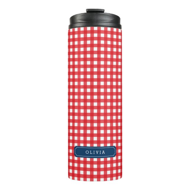 Personalisiert Red Gingham Monogram Thermosbecher (Vorderseite)