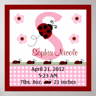 Personalisiert Red Ladybugs/Blume Birth Info Poste Poster