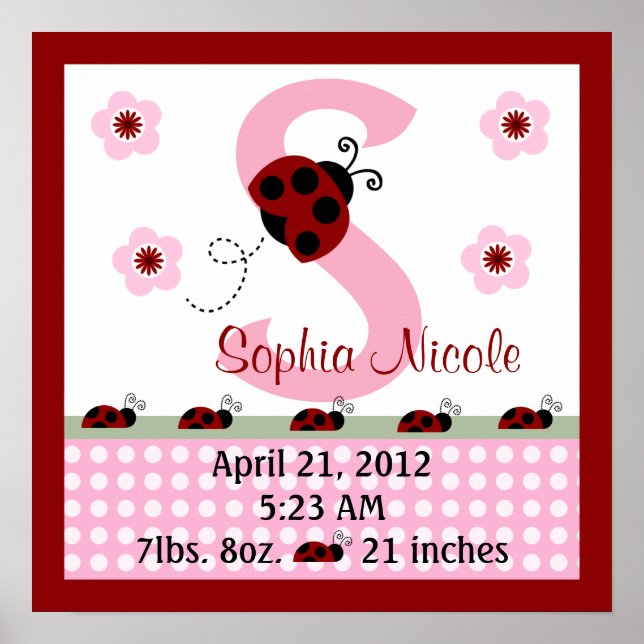 Personalisiert Red Ladybugs/Blume Birth Info Poste Poster (Vorne)