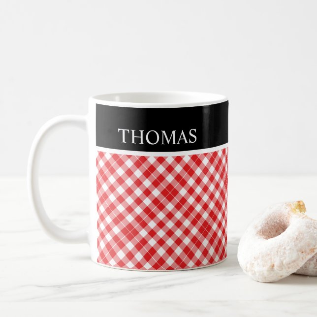 Personalisiert Red White Gingham Individuelle Name Kaffeetasse (Mit Donut)