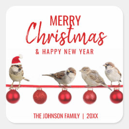 Personalisiert RED White MERRY CHRISTMAS Sparrows Quadratischer Aufkleber