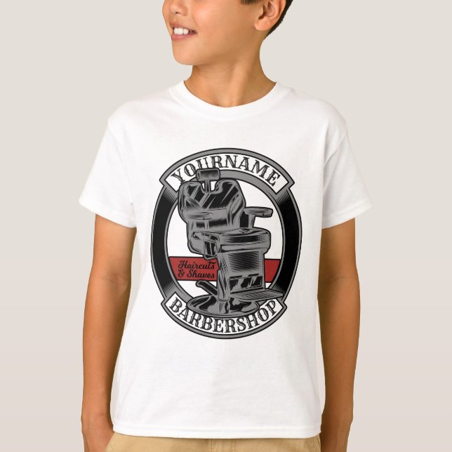 Personalisiert Retro BarberShop Barber Chair Salon T-Shirt (Vorderseite)