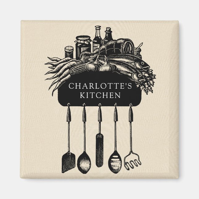 Personalisiert Retro Black Cream Kitchen Magnet (Vorne)