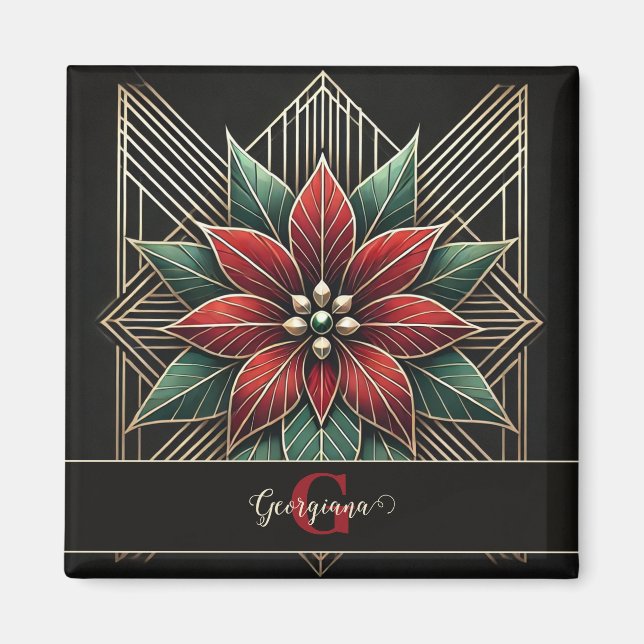 Personalisiert Retro Flora Art Deco Poinsettia Magnet (Vorne)
