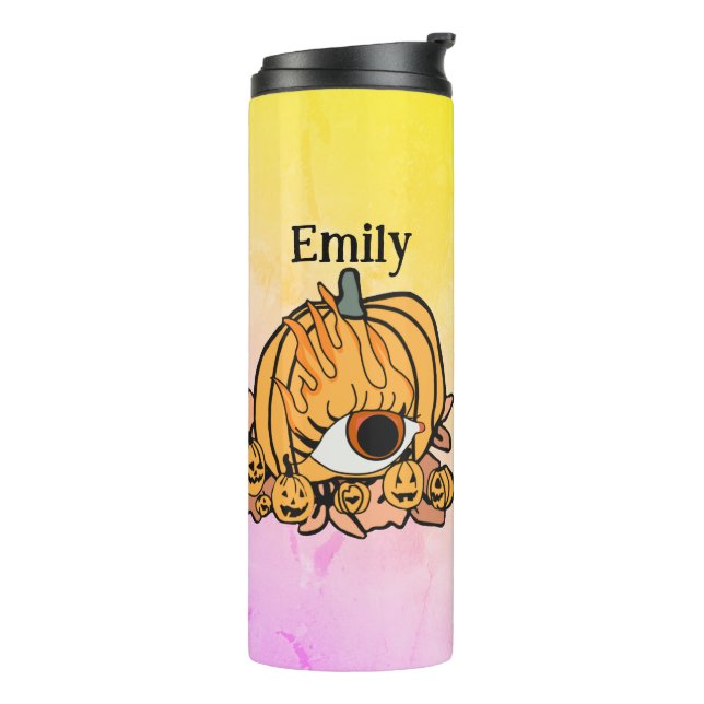 Personalisiert Retro Pumpkin Flamed Eye Thermosbecher (Nach links gedreht)