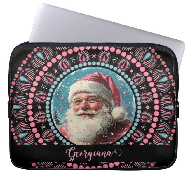 Personalisiert Retro Santa Pinkmas Floral Mandala Laptopschutzhülle (Vorderseite)