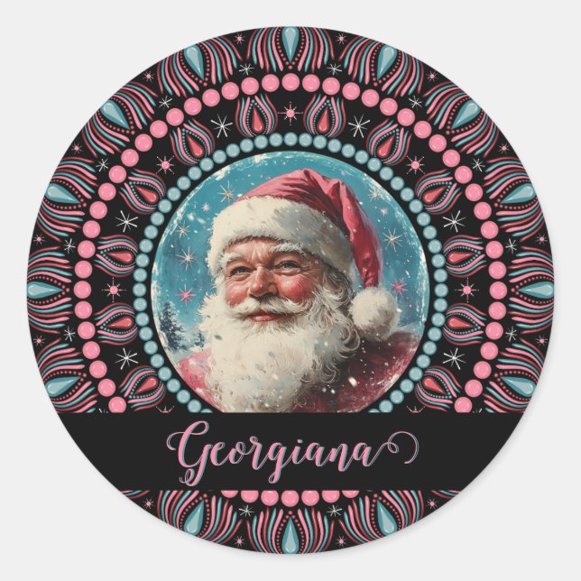 Personalisiert Retro Santa Pinkmas Floral Mandala  Runder Aufkleber (Vorderseite)