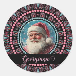 Personalisiert Retro Santa Pinkmas Floral Mandala Runder Aufkleber