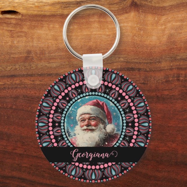 Personalisiert Retro Santa Pinkmas Floral Mandala Schlüsselanhänger (Vorderseite)