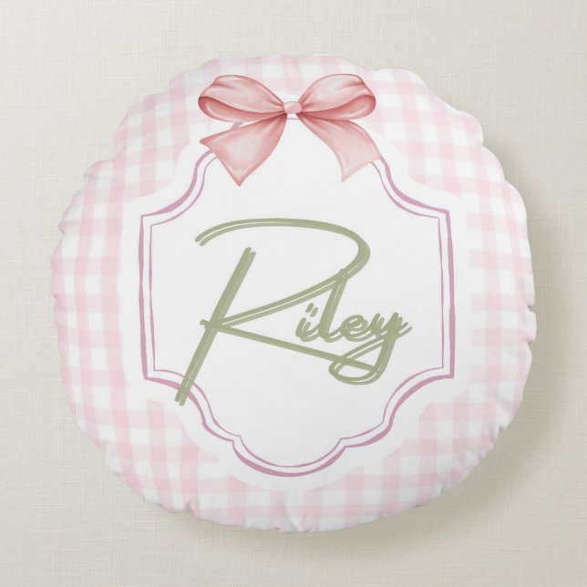 Personalisiert Riley Baby Girl Kinderzimmer Bow&Gi Rundes Kissen (Vorderseite)