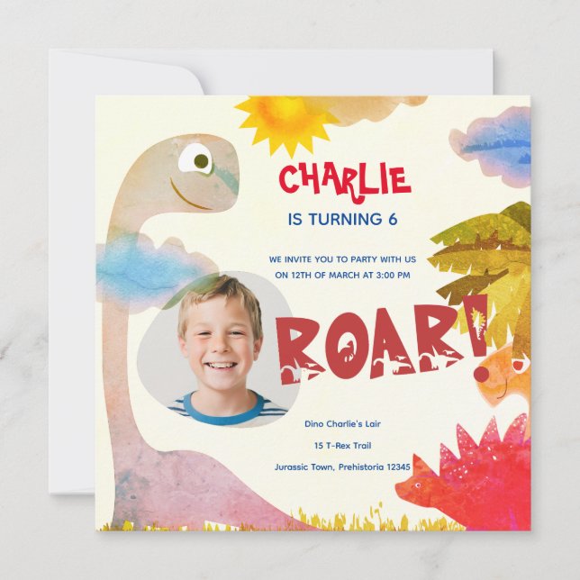 Personalisiert ROAR Dinosaurier Geburtstag Einladung (Vorderseite)