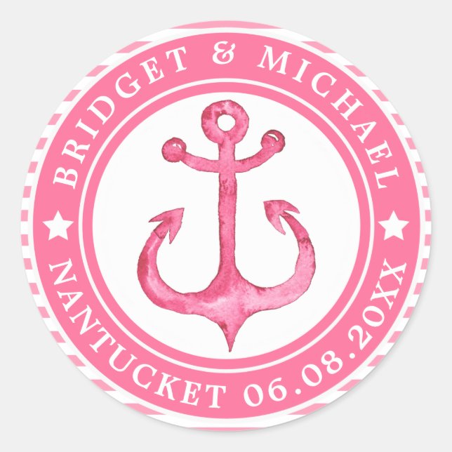 Personalisiert rosa Ankerkleber für Hochzeitsticke Runder Aufkleber (Vorderseite)