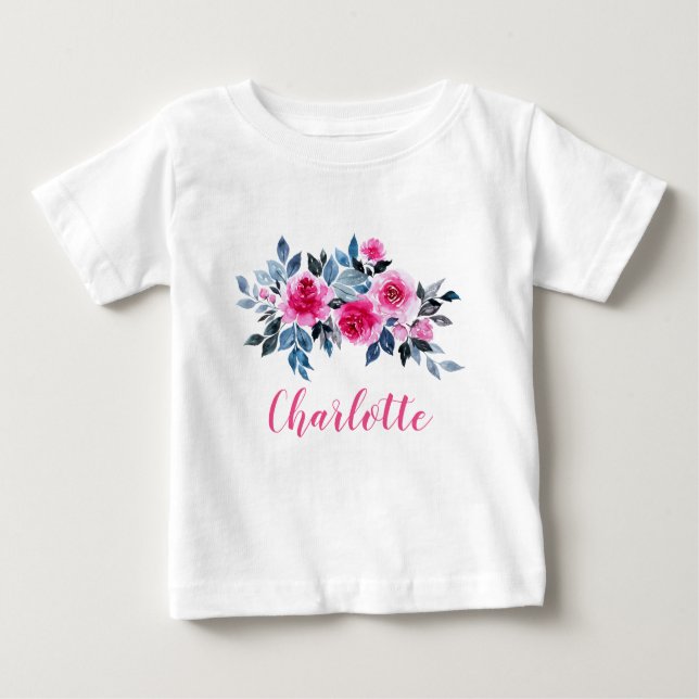 Personalisiert-Rosa-Blume Baby T-shirt (Vorderseite)
