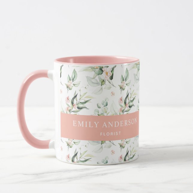 Personalisiert rosa Blumengrün Elegant Florist Tasse (Links)