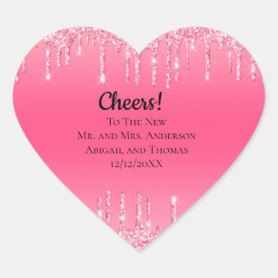 Personalisiert rosa Dripping Glitzer Trendy Weddin Herz-Aufkleber
