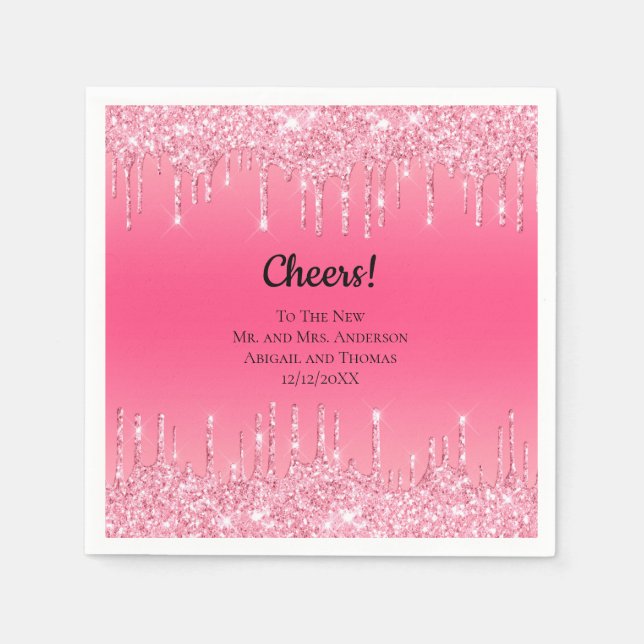 Personalisiert rosa Dripping Glitzer Trendy Weddin Serviette (Vorderseite)