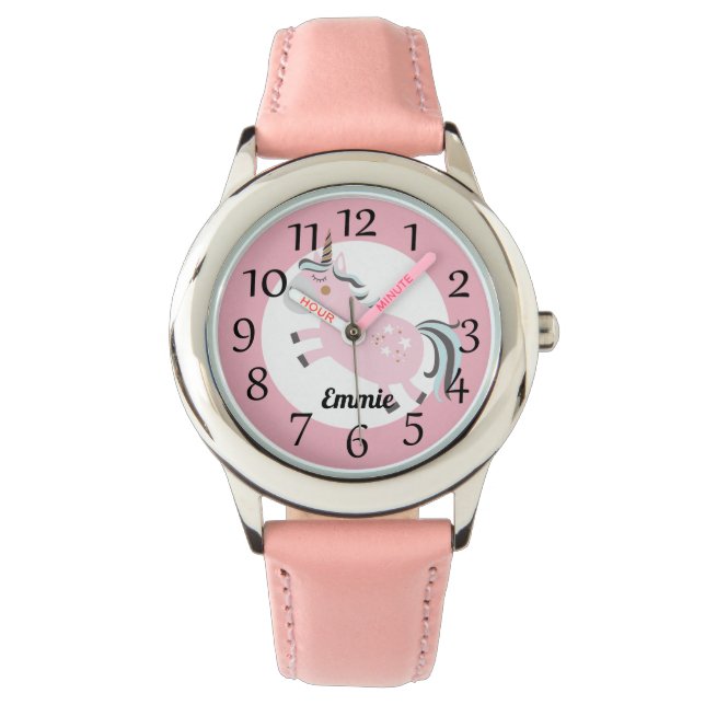 Personalisiert rosa Einhornstars Armbanduhr (Vorderseite)