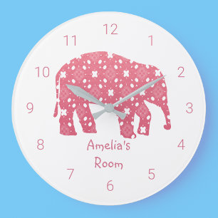Personalisiert rosa Elefantenzimmer Große Wanduhr
